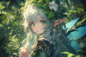 ai generativo foresta elfo con ala e bellissimo occhi nel anime stile foto