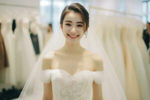 ai generativo bellissimo asiatico provare su nozze sposa vestito nel adattamento camera foto