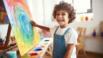 ragazzo pittura un' arcobaleno su un' tela foto