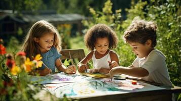 gruppo di bambini pittura all'aperto su un' soleggiato giorno foto