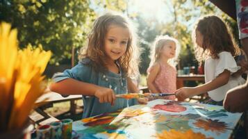 gruppo di bambini pittura all'aperto su un' soleggiato giorno foto