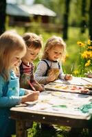 gruppo di bambini pittura all'aperto su un' soleggiato giorno foto