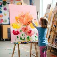 poco ragazza pittura un' fiore con acrilici foto