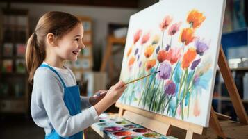 poco ragazza pittura un' fiore con acrilici foto