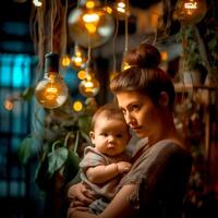 ai generativo un' giovane madre e sua bambino sotto bellissimo luci foto