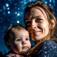 ai generativo bella madre e sua carino poco bambino sotto il blu notte luci foto