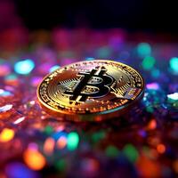 ai generativo un' d'oro bitcoin moneta su molte di bellissimo pietra preziosa foto