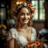 ai generativo avvicinamento ritratto di bellissimo sposa nel elegante vestito indossare fiore corona in casa foto