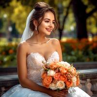 ai generativo avvicinamento di sorridente sposa nel bellissimo vestito indossare fiore corona all'aperto foto