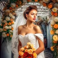 ai generativo avvicinamento di sposa nel bellissimo vestito con mazzo foto