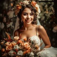 ai generativo avvicinamento di bellissimo sposa nel bellissimo vestito con mazzo e fiore corona all'aperto foto