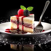 ai generativo delizioso spugna torta con ciliegia su piatto su tavolo su buio sfondo foto