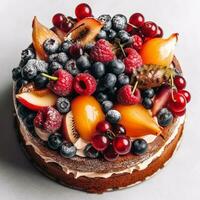ai generativo decorato delizioso fresco frutta torta su un' bianca sfondo foto