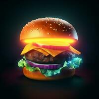 ai generativo un' raggiante hamburger su un' di legno tavolo nel buio sfondo foto