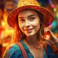 ai generativo un' bella turista ragazza in posa per il telecamera indossare un' cappello foto