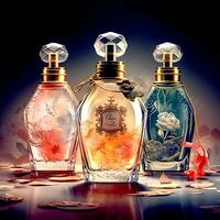 ai generativo un' bellissimo Vintage ▾ tre reale profumo bottiglia su un' lussuoso buio sfondo foto