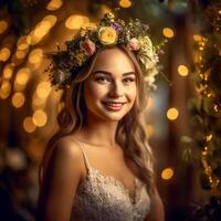 ai generativo bellissima bella sposa in posa per il telecamera nel davanti di luccichio sfondo foto