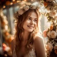 ai generativo bellissima sorridente sposa nel elegante vestito in posa per il telecamera nel davanti di un astratto fiore sfondo foto