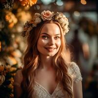 ai generativo bellissima bella sposa in posa per il telecamera nel davanti di un elegante fiore sfondo foto