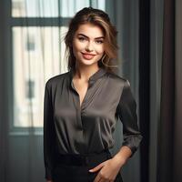 ai generativo bellissimo sorridente ufficio ragazza nel nero raso camicia foto