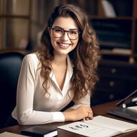 ai generativo bella ragazza nel bicchieri e leggero camicia seduta nel il ufficio foto