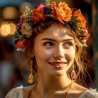 ai generativo un' amorevole sorridente bella ragazza in posa per il telecamera indossare un' corona di fiori su sua testa foto