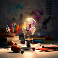ai generativo creativo leggero lampadina su un' studia scrivania nel il buio foto