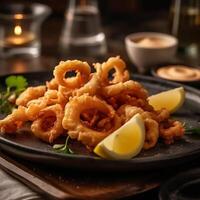 ai generativo un' piatto di d'oro fritte calamari con un' piccante Limone foto