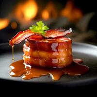 ai generativo delizioso Bacon su un' nero piatto su un' sfocato fuoco sfondo foto