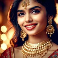 ai generativo un' bellissimo ragazza con bellissimo occhi indossare un indiano saree e oro gioielleria foto