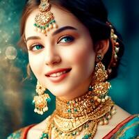 ai generativo un' bella ragazza con un' carino viso nel un astratto saree e oro gioielleria su un' blu sfondo foto