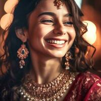 ai generativo avvicinamento di un' gregario ragazza con un' carino Sorridi indossare un' verde saree e oro gioielleria su un astratto sfondo foto