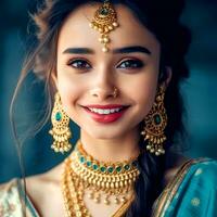 ai generativo sorridente carino ragazza nel un' indiano saree e oro gioielleria foto