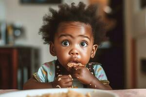 afro americano bambino mangiare. creare ai foto