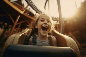 bambino attrazione velocità rotaia tramonto. creare ai foto