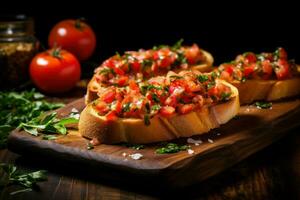 succoso Bruschetta pomodoro aperitivo. creare ai foto