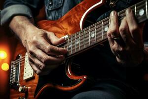 melodioso mani giocando chitarra musica. creare ai foto