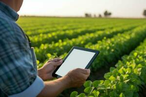 produttivo utilizzando tavoletta digitale a agricoltura campo. creare ai foto