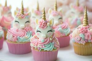 capriccioso carino unicorno cupcakes. creare ai foto