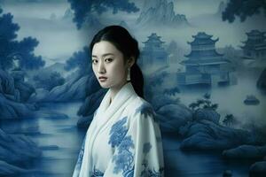asiatico donna blu ceramica parete. creare ai foto