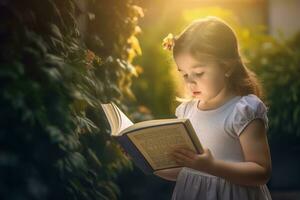 ragazza leggere santo Bibbia nel giardino. creare ai foto