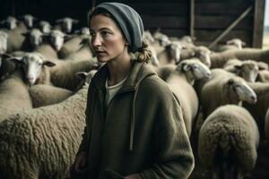 femmina pecora contadino opera. creare ai foto