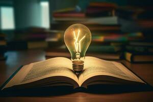 raggiante leggero lampadina libro idea. creare ai foto