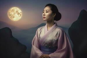 coreano donna Luna notte. creare ai foto