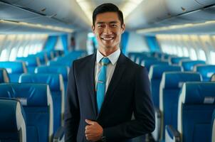 ritratto di giovane asiatico attività commerciale uomo nel aereo cabina. viaggio e turismo concetto ai generato foto