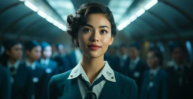 ritratto di asiatico donna d'affari nel aereo, lei è un' volo assistente ai generato foto