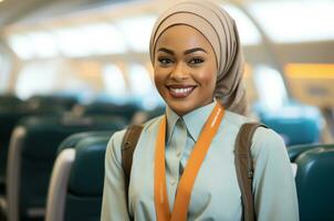 bellissimo africano americano donna d'affari nel hijab sorridente a telecamera nel aereo ai generato foto