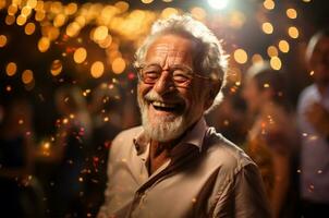 anziano uomo avendo un' festa con il suo amici nel un' bar a casa ai generato foto