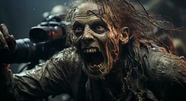 pauroso zombie in esecuzione attraverso il sabbia. orrore film. Halloween ai generato foto