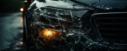 auto incidente su il strada. avvicinamento di un' auto con Cracked bicchiere ai generato foto